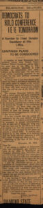 Creator unknown, “Democrats to Hold Conference Here Tomorrow” article, November 19, 1915, from the Willard Saulsbury, Jr., papers