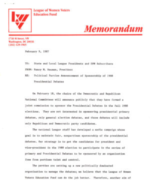 League of Women Voters Education Fund, Memorandum to State and Local League Presidents re Political Parties Sponsorship of 1988 Presidential Debates, from the Archive of the League of Women Voters of Greater Newark, Delaware