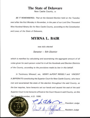 Certificate of Election for Myrna L. Bair, State Senate, 5th District, November 7, 1996,