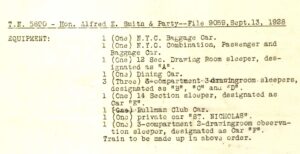 Presidential campaign of Al Smith, “‘Governor [Alfred E.] Smith’s Special Campaign Train’ itinerary and passenger list,” September-October 1928, from the Harold Brayman papers