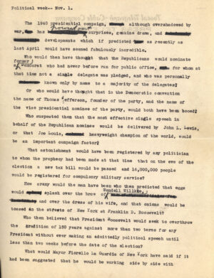 Harold Brayman, Draft article on the 1940 presidential campaign, November 1, 1940, from the Harold Brayman papers
