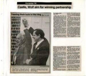 Virginia Kirk, “Castle, Wolf aim for winning partnership,” Wilmington News Journal, from the Dale E. and Clarice Wolf papers and memorabilia