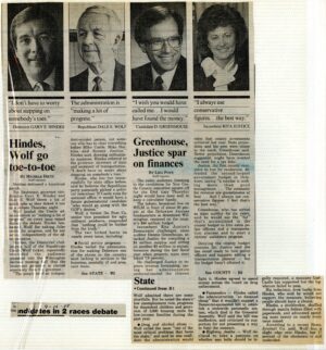 Michael Dietz and Lisa Pope, Coverage of 1988 Lieutenant Governor and New Castle County Executive candidate debates, Wilmington News Journal, September 16, 1988, from the Dale E. and Clarice Wolf papers and memorabilia