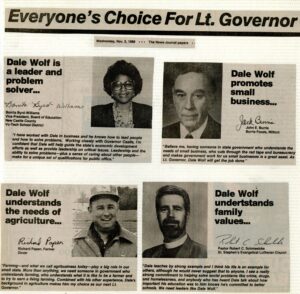 Creator unknown, Multiple endorsements for Dick Wolf for Lieutenant Governor, printed in the Wilmington News Journal, 1988, from the Dale E. and Clarice Wolf papers and ephemera