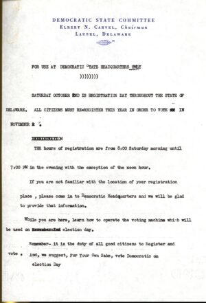 Delaware Democratic State Committee, Radio announcement script with information for voter registration, October 1954, from the Senator J. Allen Frear, Jr., papers