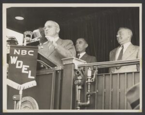 Creator unknown, “Campaigns: Presidential candidate Harry S. Truman, Senator Frear, and Vice Presidential candidate Alben William Barkley, making a campaign speech in Wilmington, DE,” October 1948, from the Senator J. Allen Frear, Jr., papers