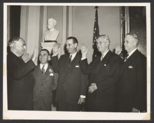 New Senators taking the oath of office. Senators Frear, Johnson, Douglas, Kerr, with Senator Vandenberg giving oath, January 3, 1949