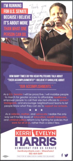 Kerri Evelyn Haris for Delaware, Kerri Evelyn Harris Democrat for U.S. Senate mailer, 2018, from the University of Delaware ephemera collection related to politics, policy and government