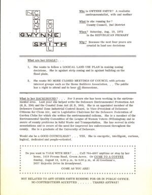 Gwynne Smith, “Gwynne Smith for New Castle County Council” newsletter, 1972, from the Gwynne P. Smith papers