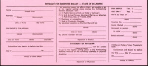 State of Delaware, Affidavit for Absentee Ballot, from the Gwynne P. Smith papers