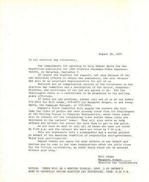 Gwynne Smith, Letter to Campaign Volunteers for Election Day, August 29, 1974, from the Gwynne P. Smith papers