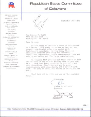Letter from Pierre S. du Pont and Jerome O. Herlihy, Republican State Committee of Delaware, Letter to Gwynne Smith re campaign funds, September 28, 1982, from the Gwynne P. Smith papers