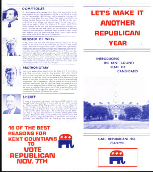 Delaware State Republican Party, “Let’s make it another Republican Year, Introducing the Kent County Slate of Candidates” brochure, 1972, from the Robert J. Voshell collection of Delaware political ephemera scrapbooks