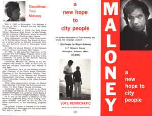 City People for Mayor Maloney, “Maloney, a new hope for city people” brochure, 1972, from the Robert J. Voshell collection of Delaware political ephemera scrapbooks