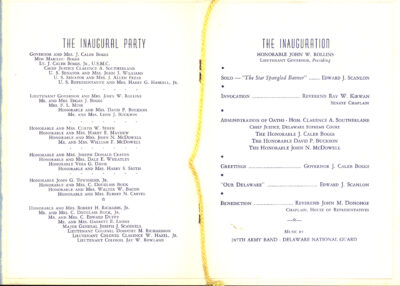 State of Delaware, Program for the Inauguration of Governor J. Caleb Boggs and Lieutenant Governor David Buckson, January 17, 1957, from the Robert J. Voshell collection of Delaware political ephemera scrapbooks