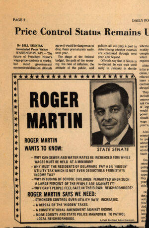 Roger Martin, Roger Martin for State Senate newspaper advertisement, 1972, from the Robert J. Voshell collection of Delaware political ephemera scrapbooks
