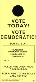 Citizens for S.B. Woo, Vote Today! Vote Democratic! door hanger, from the Robert J. Voshell collection of Delaware political ephemera scrapbooks