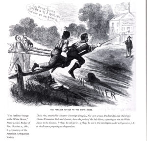 Frank Leslie’s Budget of Fun, “The Perilous Voyage to the White House,” October 15, 1860, printed in Bunker, Gary L, et al. From Rail-Splitter to Icon : Lincoln’s Image in Illustrated Periodicals, 1860-1865. Kent State University Press, 2001.