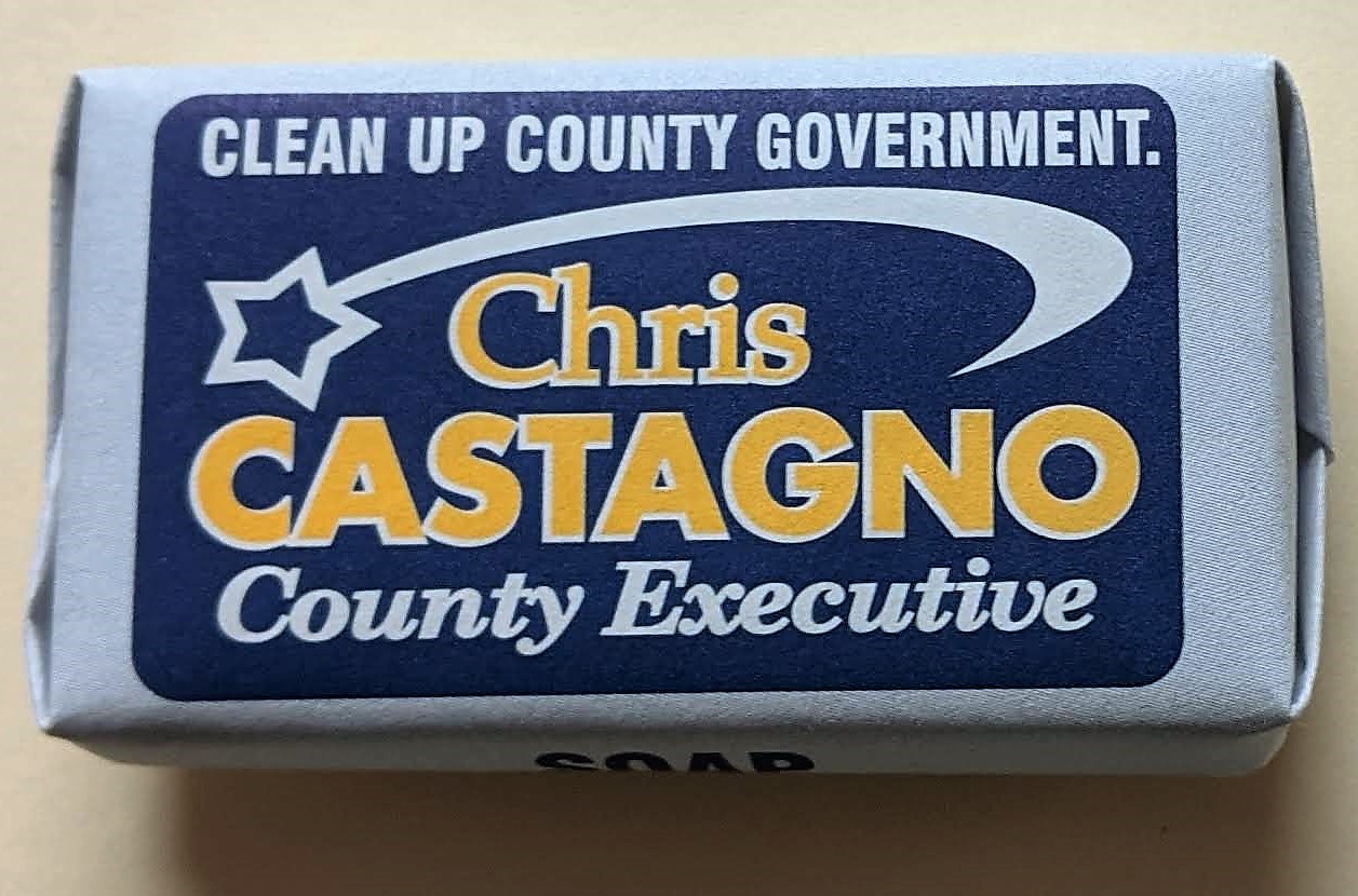 Creator unknown, “Chris Castagno, [New Castle] County Executive” soap bar, 2004, from the University of Delaware ephemera collection related to politics, policy, and government