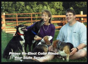 Creator unknown, “Please Re-elect Colin Bioini – Your State Senator” postcard, from the Robert J. Voshell collection of Delaware political ephemera scrapbooks