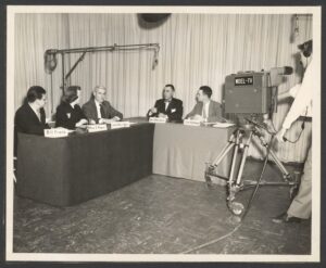 Creator unknown, Senator Frear appears with Bill Frank, Mary Power, Jack Kerrigan, and Jim Adshead on “May We Quote You,” a television program based out of Wilmington, November 15, 1951, from the J. Allen Frear, Jr., papers