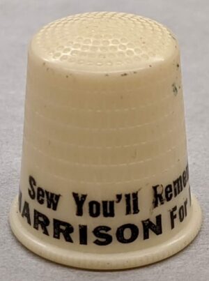 Creator unknown, “Sew You’ll Remember Clayt Harrison for Recorder of Deeds” thimble, from the Jerome O. Herlihy political campaign ephemera collection
