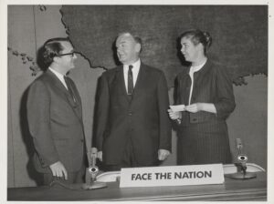 Reni Newsphoto Services, Media appearances, “Face the Nation,” Geo. Niven [?], Senator John J. Williams, Ellen Wadley [?], April 5, 1964, from the Senator John J. Williams papers