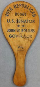 Bo-Lo (Atlanta, Ga.), “Vote Republican. [Caleb] Boggs for U.S. Senate, John W. Rollins for Governor” paddle ball, 1960, from the Jerome O. Herlihy political campaign ephemera collection