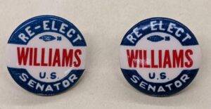 Creator unknown, “Re-elect [John J.] Williams U.S. Senator” clip-on earrings, 1952-1964, from the Jerome O. Herlihy political campaign ephemera collection