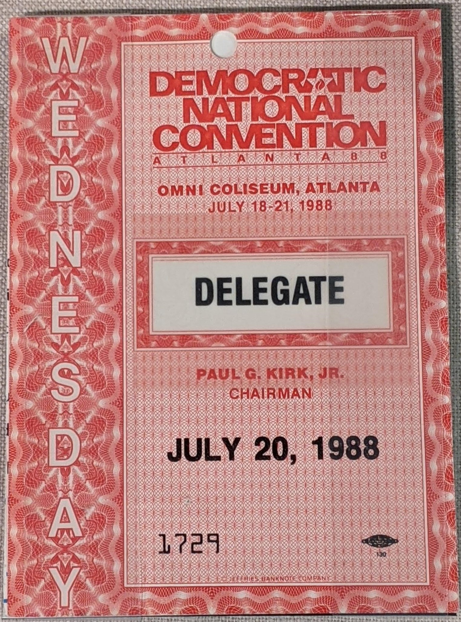Democratic National Convention 1988 delegate badge for Wednesday, July 20, 1988