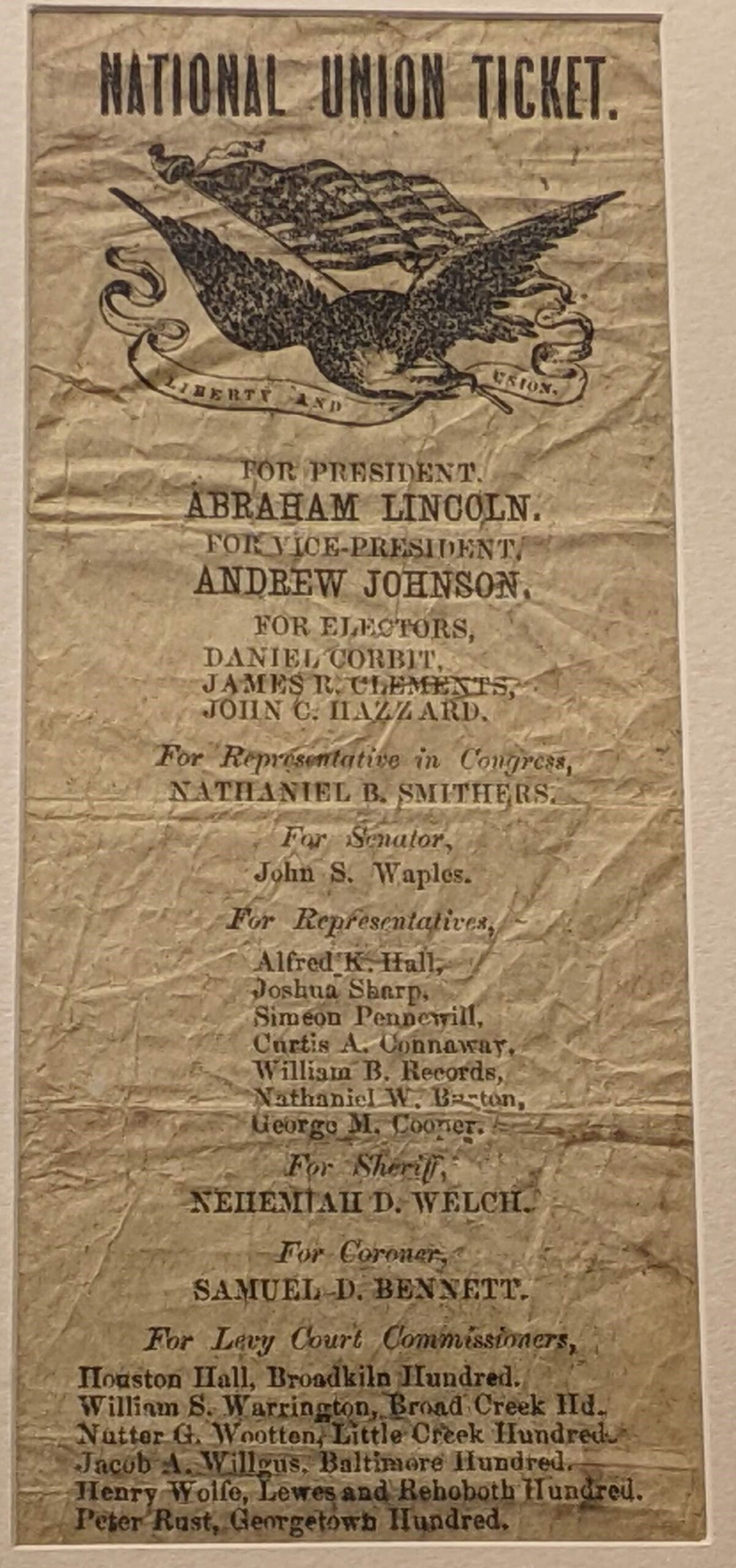 1864 Delaware general election sample ballot for the National Union Ticket, 1864