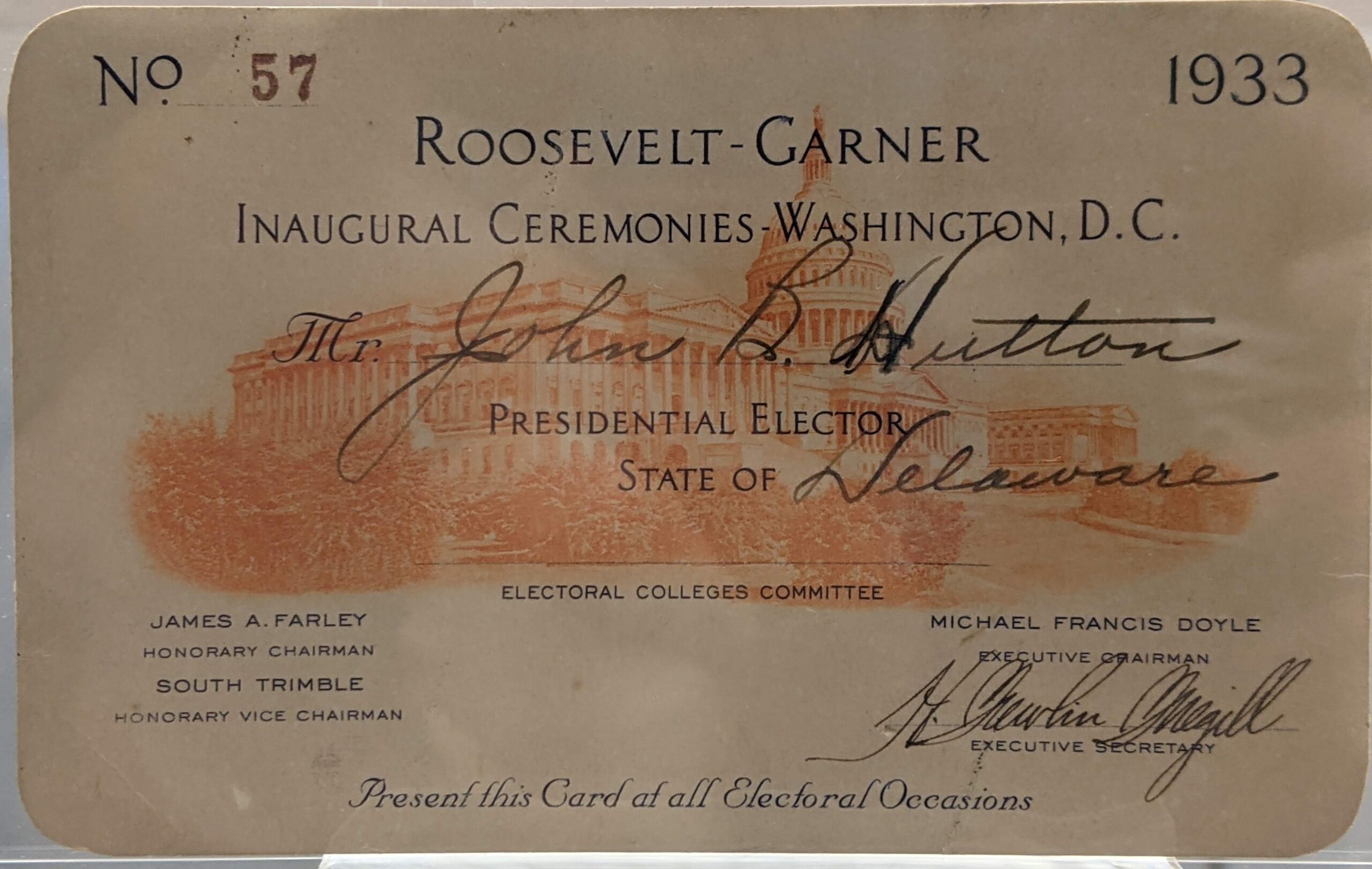 Ticket for John B. Hutton, Presidential Elector from the state of Delaware, to the Roosevelt-Garner Inaugural Ceremonies, March 1933