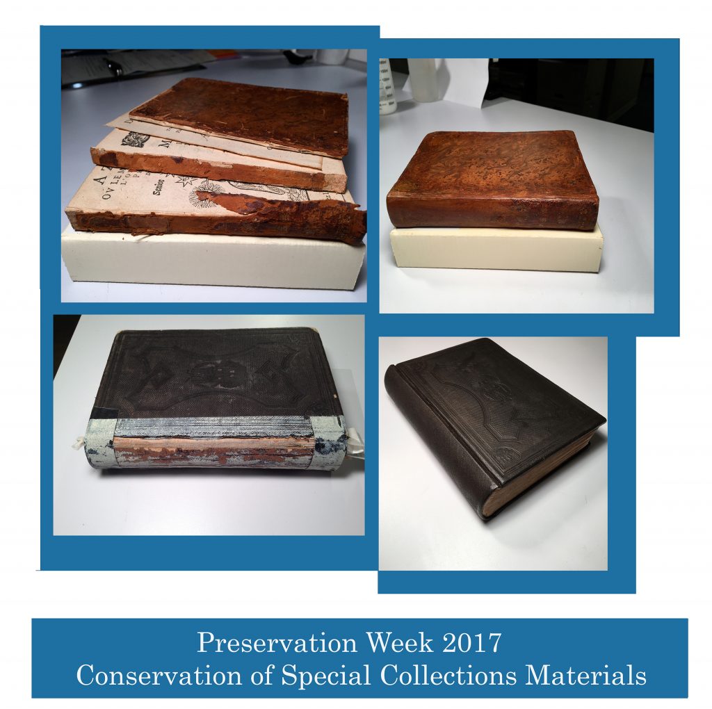 Poster for "Preservation Week 2017: Conservation of Special Collections Materials" exhibition featured damaged and repaired books.