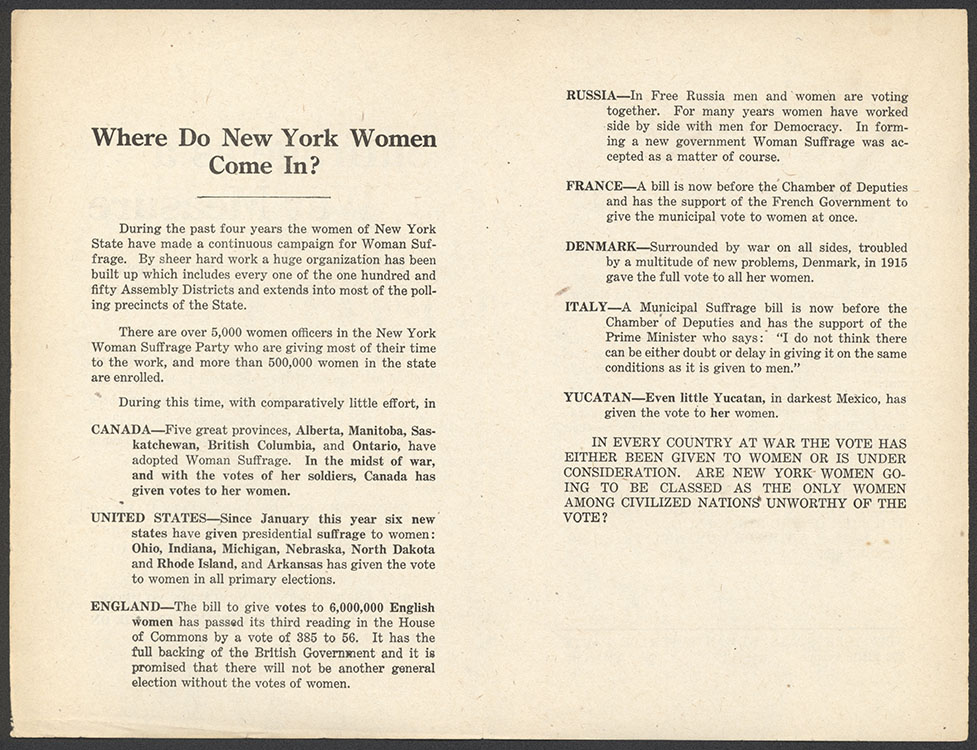 Suffrage as a War Measure [leaflet center pages]. New York : National Woman Suffrage Publication Co., October 1917. Woman Suffrage Collection