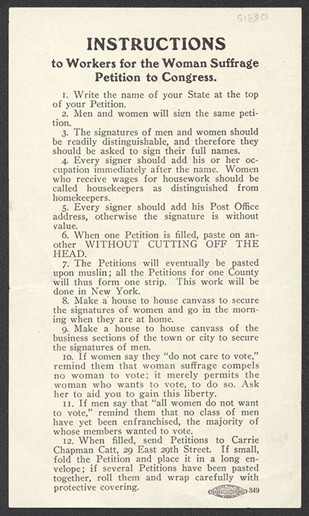 National American Woman Suffrage Association. “Instructions to Workers” [handbill], 1909. Woman Suffrage Collection