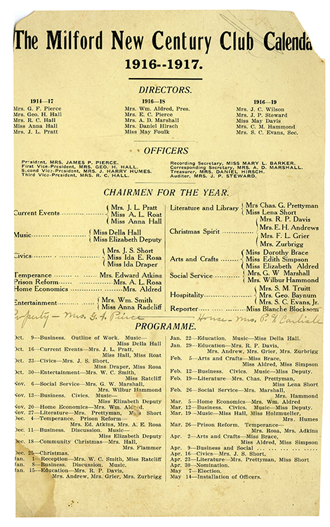 Milford New Century Club calendars, 1916-1917 and 1923. Records of the Milford (Delaware) New Century Club