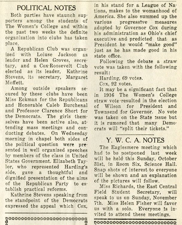 “Political Notes.” Women’s College Reporter, [Women’s College of Delaware], Volume IV, No. 3, October 28, 1920. Courtesy University of Delaware Archives and Records Management