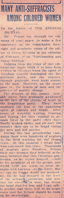 Blanche W. (Blanche Williams) Stubbs (1872-1952). Letter to the editor, (Wilmington) Evening Journal, February 23, 1915 (page 1)