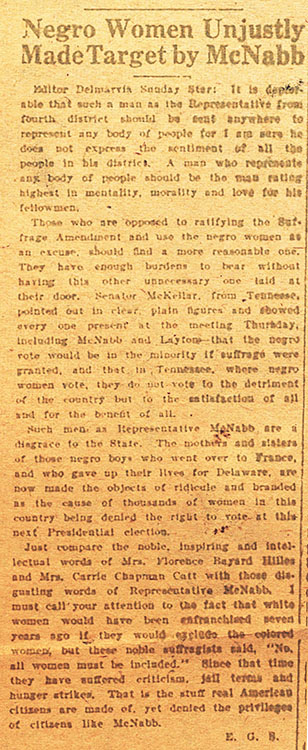 Emma Belle Gibson Sykes (1885-1970). Letter to the editor signed E.G.S., (Wilmington) Sunday Morning Star, April 4, 1920