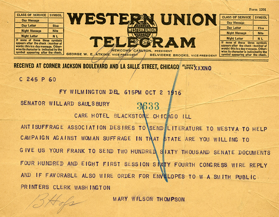 Mary Wilson Thompson (1867-1947). Western Union Telegram, Wilmington, Del., to Willard Saulsbury, Jr., Chicago, Ill., October 2, 1916. Willard Saulsbury, Jr., papers