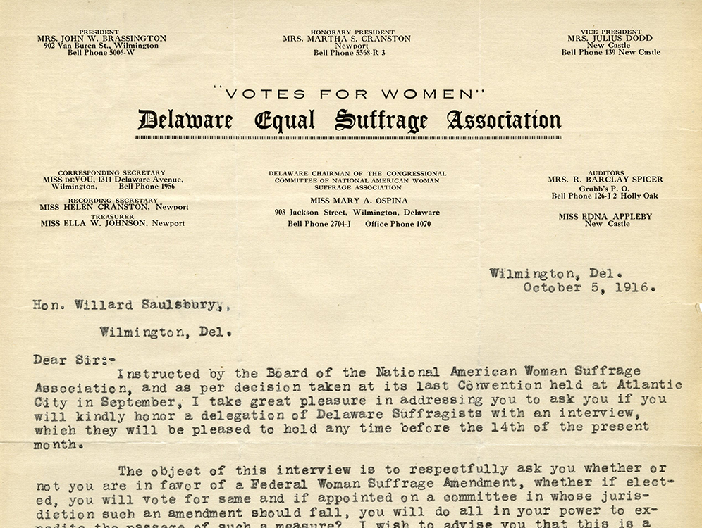 Mary A. (Mary Alexandra) Ospina (1877-1925).  [Letterhead of Delaware Equal Suffrage Association.] Typed letter, Wilmington, Del., to Willard Saulsbury, Wilmington, Del., October 5, 1916.  Willard Saulsbury, Jr., papers
