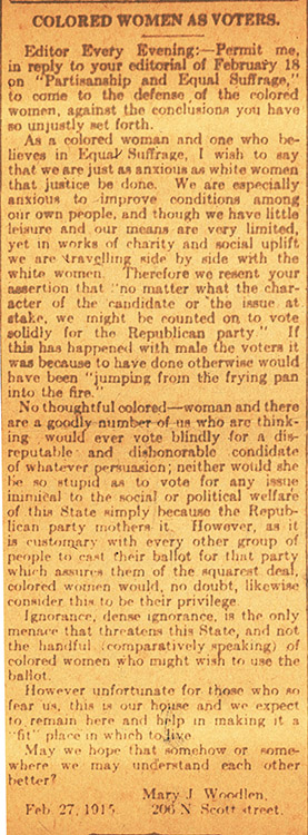 Mary J. (Mary J. Johnson) Woodlen (1870-1933) Letter to the editor, (Wilmington) Every Evening, March 1, 1915
