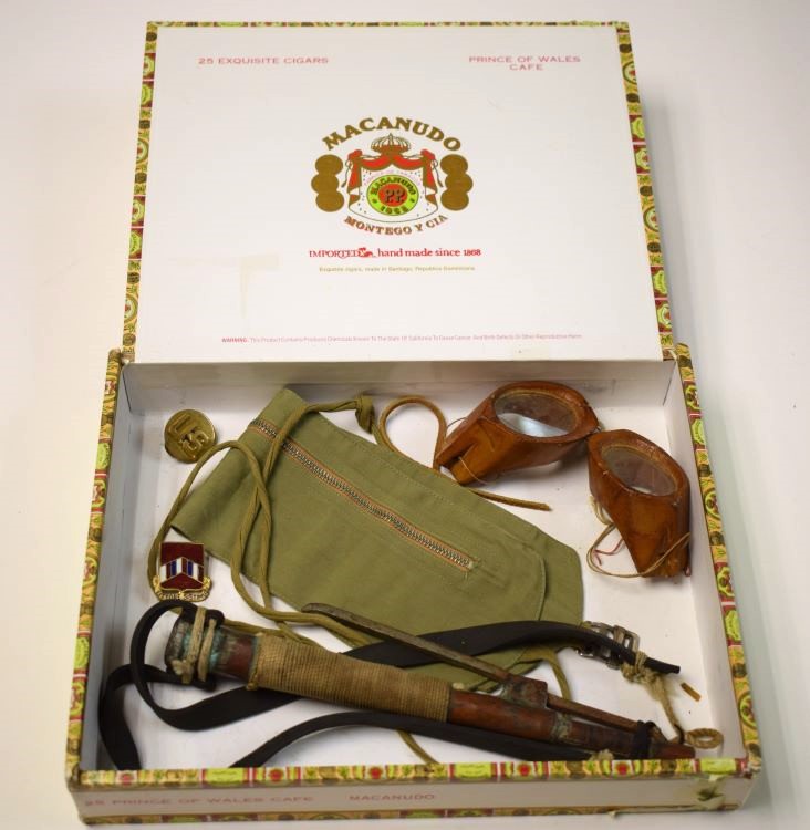 Cigar Box with Goggles, Spear Thrower, and Cloth Wallet