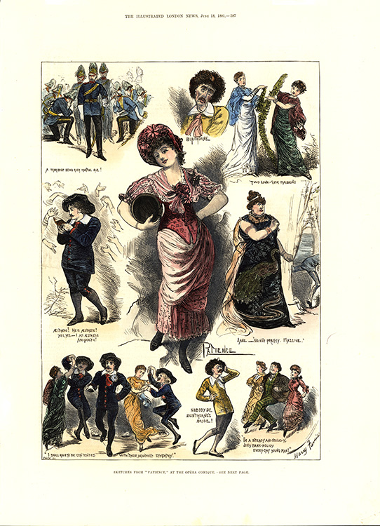 Harry Furniss (British, 1854–1925). Sketches of “Patience” at the Opera Comique, from Punch, June 17, 1881. Hand-colored lithograph on paper. Mark Samuels Lasner Collection. Recent Acquisition.