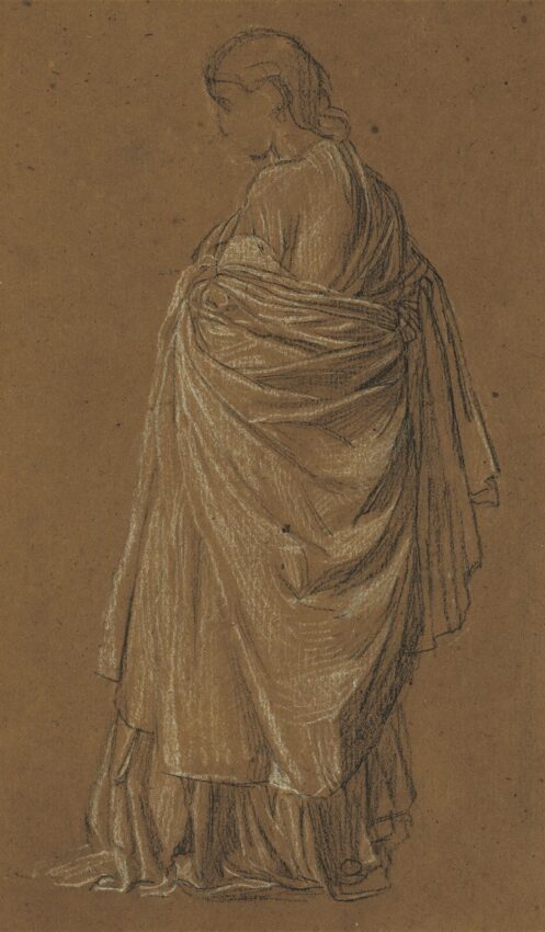 Albert Joseph Moore (British, 1841–1893). Study of a Draped figure for the right-hand figure in The Shulamite, 1864. Black and white chalks on paper. Mark Samuels Lasner Collection. Recent Acquisition.
