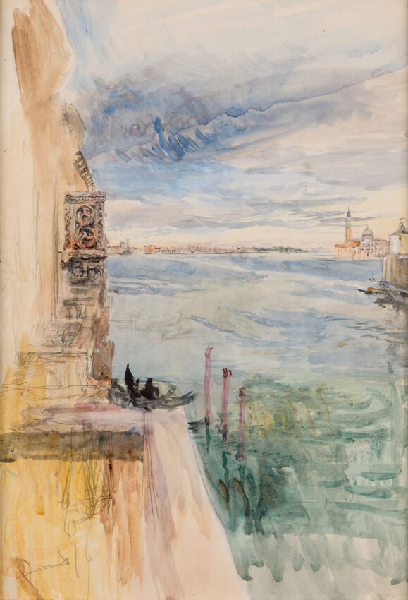John Ruskin (British, 1819–1900). San Giorgio Maggiore, the Basin of St. Mark’s and a Balcony of Casa Contarini-Fasan, 1876. Watercolor over pencil on paper, heightened with gouache with touches of pen and ink. Collection of BNY Mellon.
