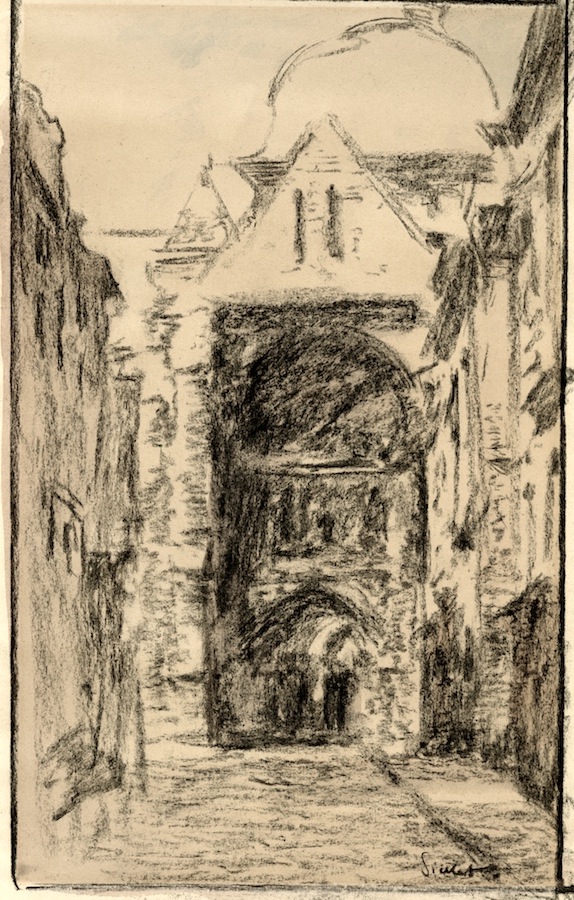 Walter Richard Sickert (British, 1860–1942). St. Jacques, Dieppe from the Rue Pecquet, c. 1900. Ink, charcoal, and wash on paper. Mark Samuels Lasner Collection.