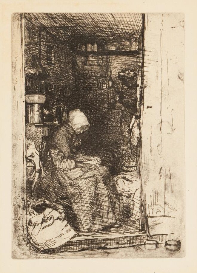 James McNeill Whistler (American, 1834–1903). La Vieille Aux Loques (The Old Rag Woman), 1858. From Douze eaux-fortes d’après nature (Twelve Etchings from Nature)—The “French Set”. Etching and drypoint on paper. Delaware Art Museum, Gift of Richard G. Elliot, Jr., 1984.