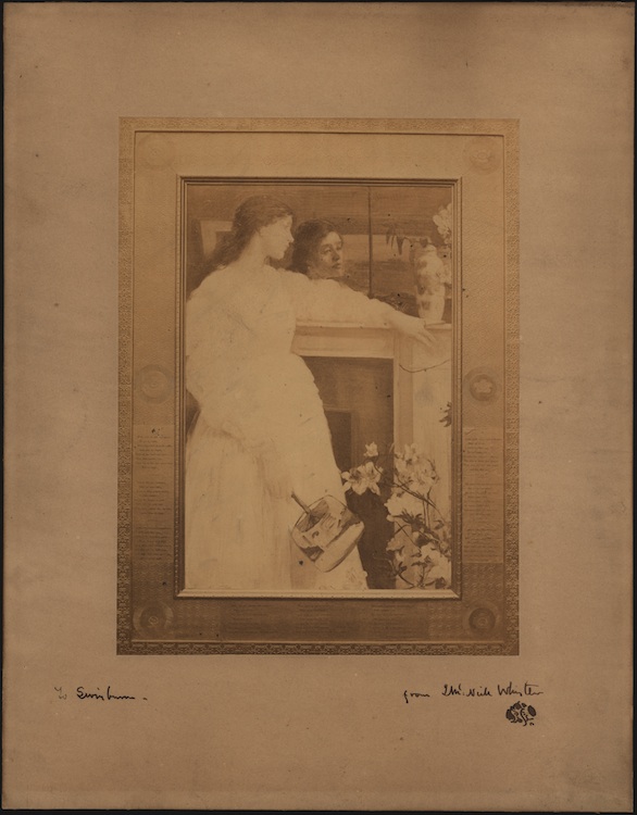 John Robert Parsons (Irish, c. 1826–1909), after James McNeill Whistler (American, 1834–1903). Symphony in White, No. 2, The Little White Girl, 1865. Albumen photograph on mount. Inscribed on mount “To Swinburne. from J. McNeill Whistler” and signed with the “butterﬂy”. Mark Samuels Lasner Collection.