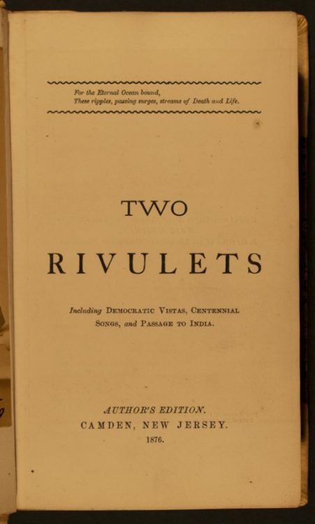 Two Rivulets Cover: Including Democratic Vistas, Centennial Songs, and Passage to India. Camden: [Walt Whitman], 1876.